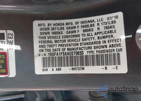 2010 Honda Civic Lx from USA, damaged, VIN 19XFA1F5XAE079850